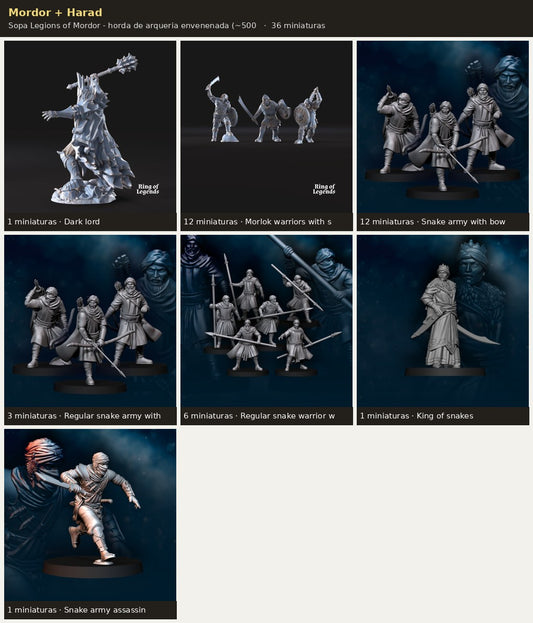 Ejercito Mordor + Harad — Sopa Legions of Mordor · 36 miniaturas resina · Senor de los Anillos