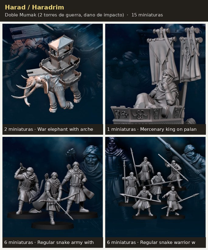 Ejercito Harad / Haradrim — Doble Mumak · 15 miniaturas resina · Senor de los Anillos