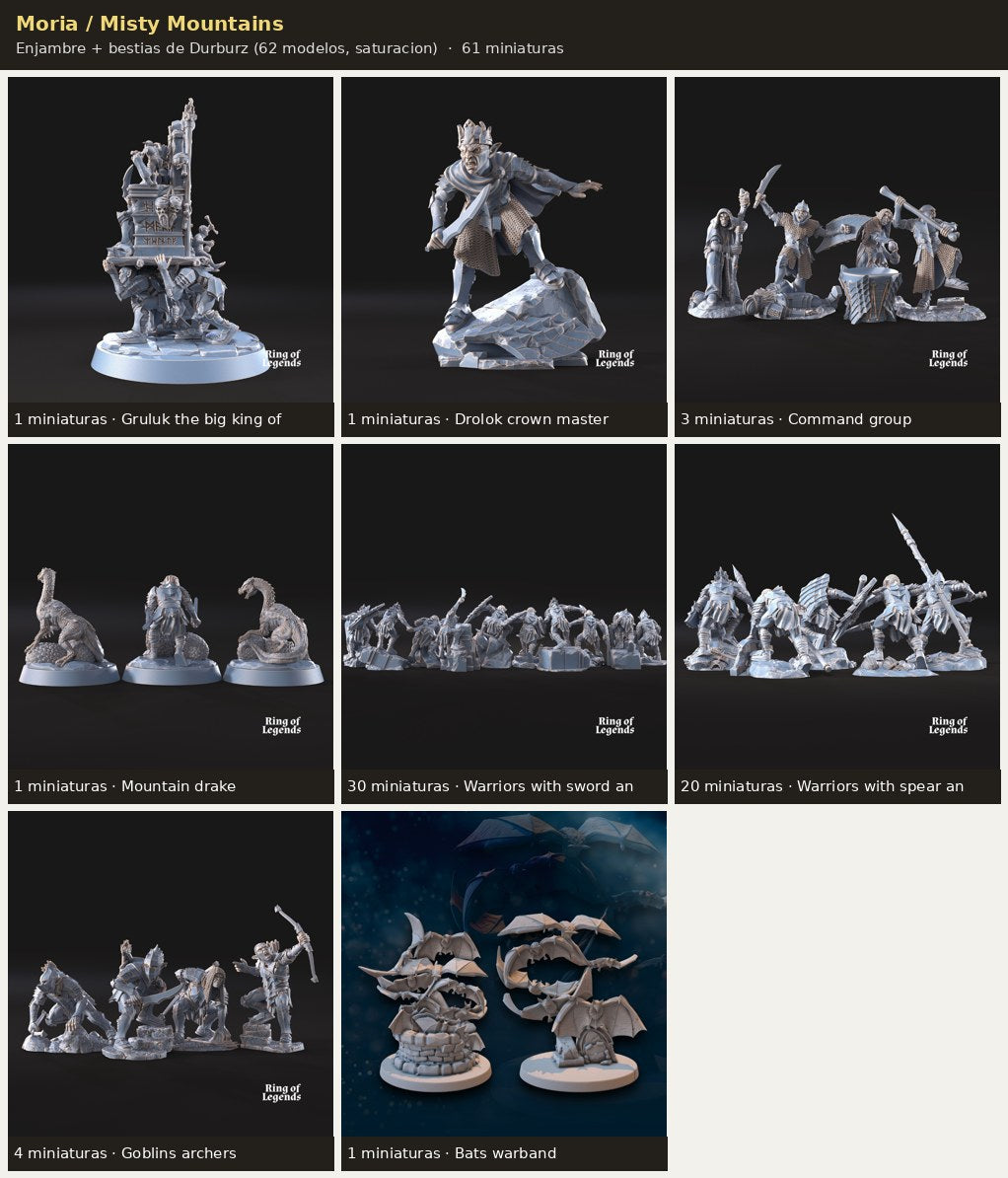 Ejercito Moria / Misty Mountains — Enjambre + bestias de Durburz · 61 miniaturas resina · Senor de los Anillos