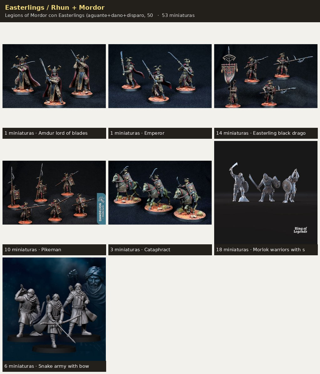 Ejercito Easterlings / Rhun + Mordor — Legions of Mordor con Easterlings · 53 miniaturas resina · Senor de los Anillos