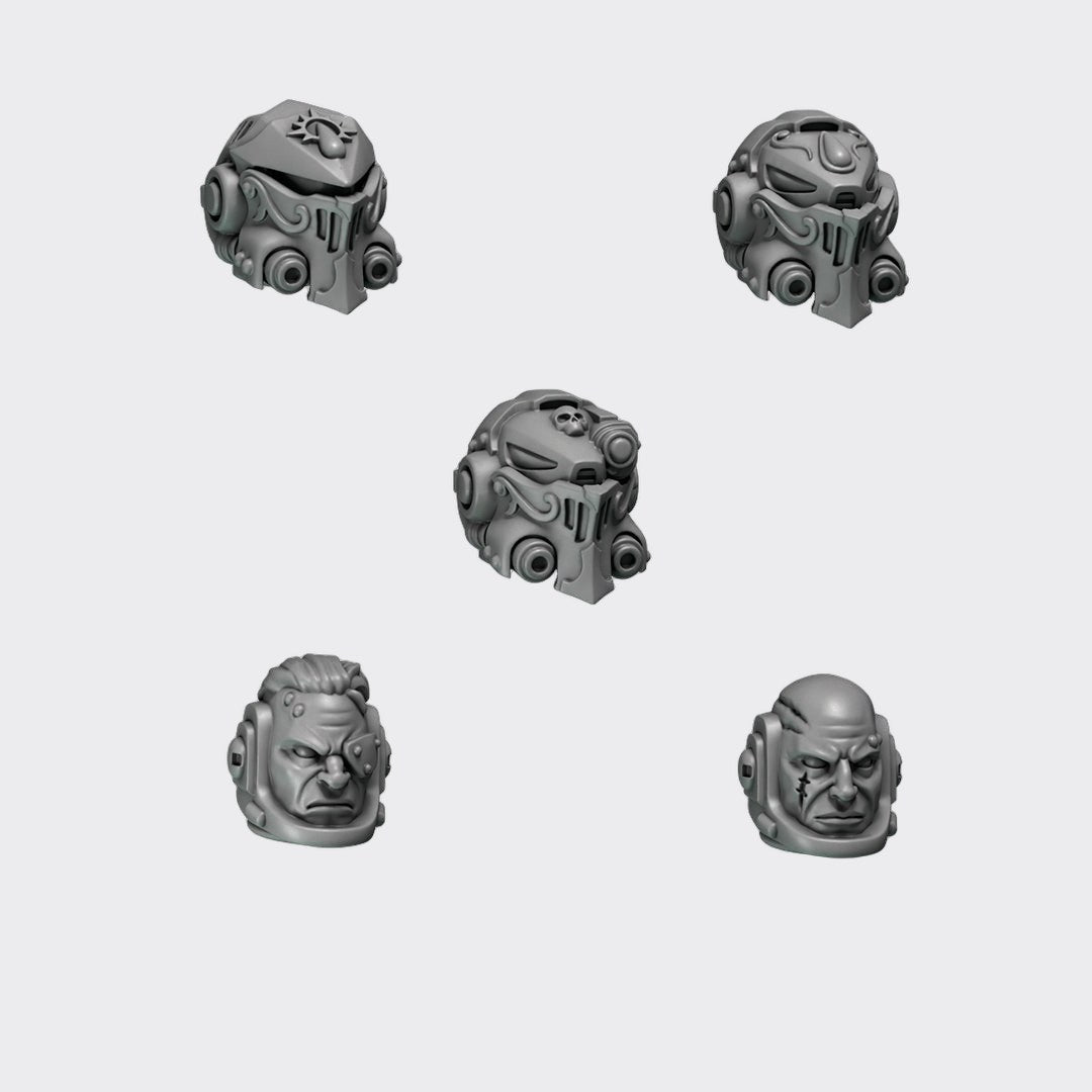 Cabezas Terminator Crimson Lords A — bits de conversión sci-fi grimdark de Greytide Studio, resina 32mm sin pintar
