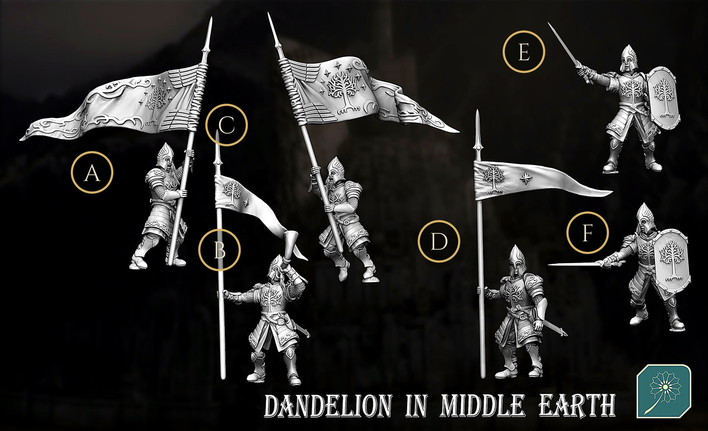 Miniatura Soldado de Minas Tirith (Portaestandarte y Tanedor de cuerno) Gondor resina 32mm - Drakholm