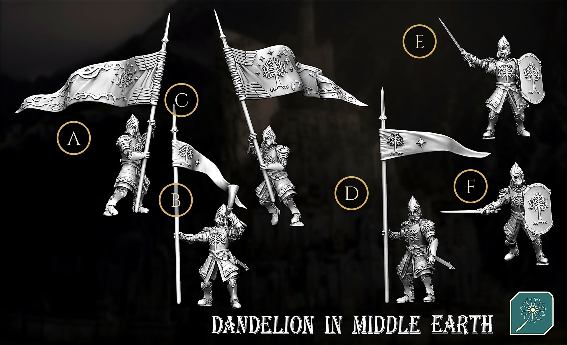Miniatura Soldado de Minas Tirith (Portaestandarte y Tanedor de cuerno) Gondor resina 32mm - Drakholm
