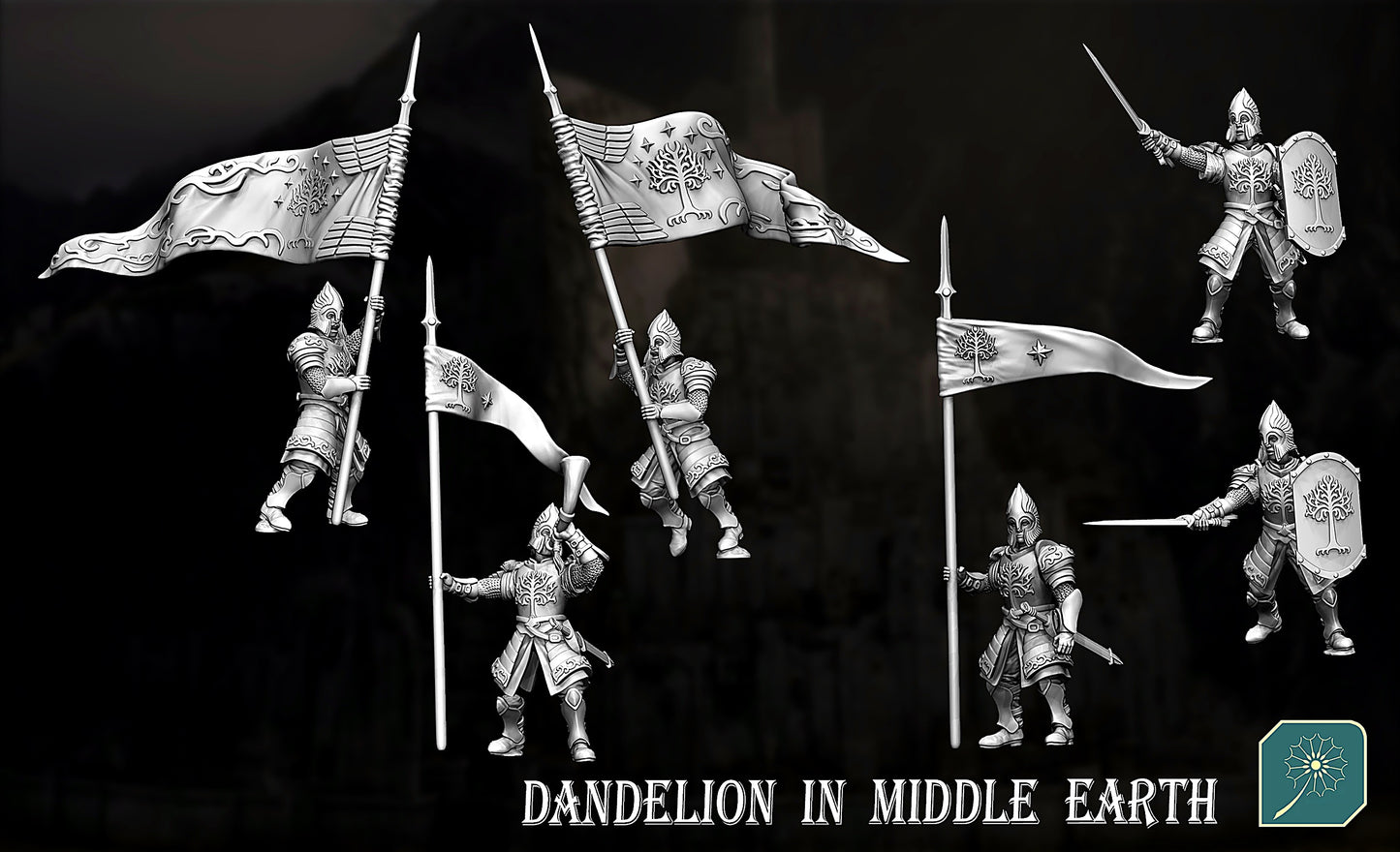 Miniatura Soldado de Minas Tirith (Portaestandarte y Tanedor de cuerno) Gondor resina 32mm - Drakholm