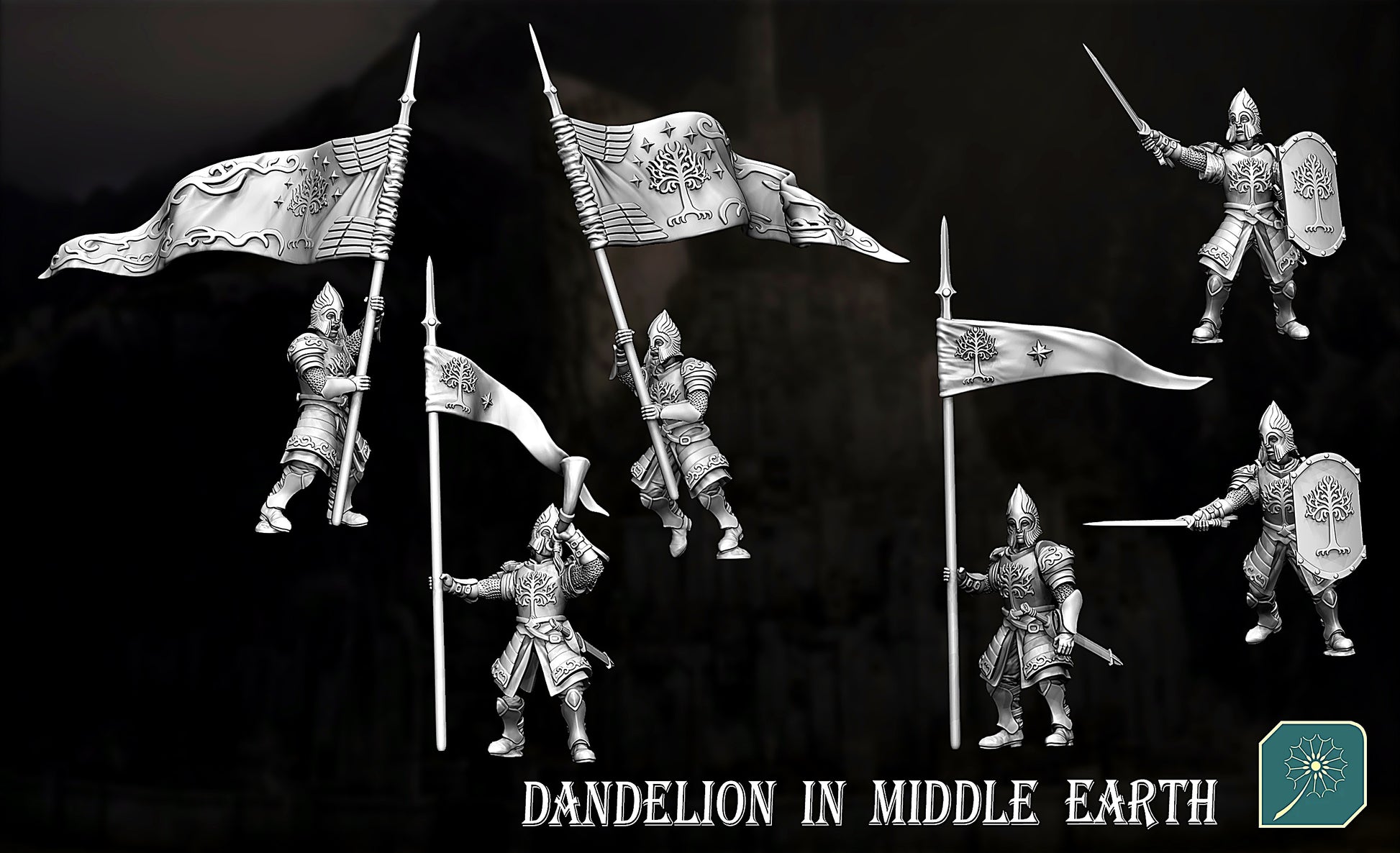 Miniatura Soldado de Minas Tirith (Portaestandarte y Tanedor de cuerno) Gondor resina 32mm - Drakholm