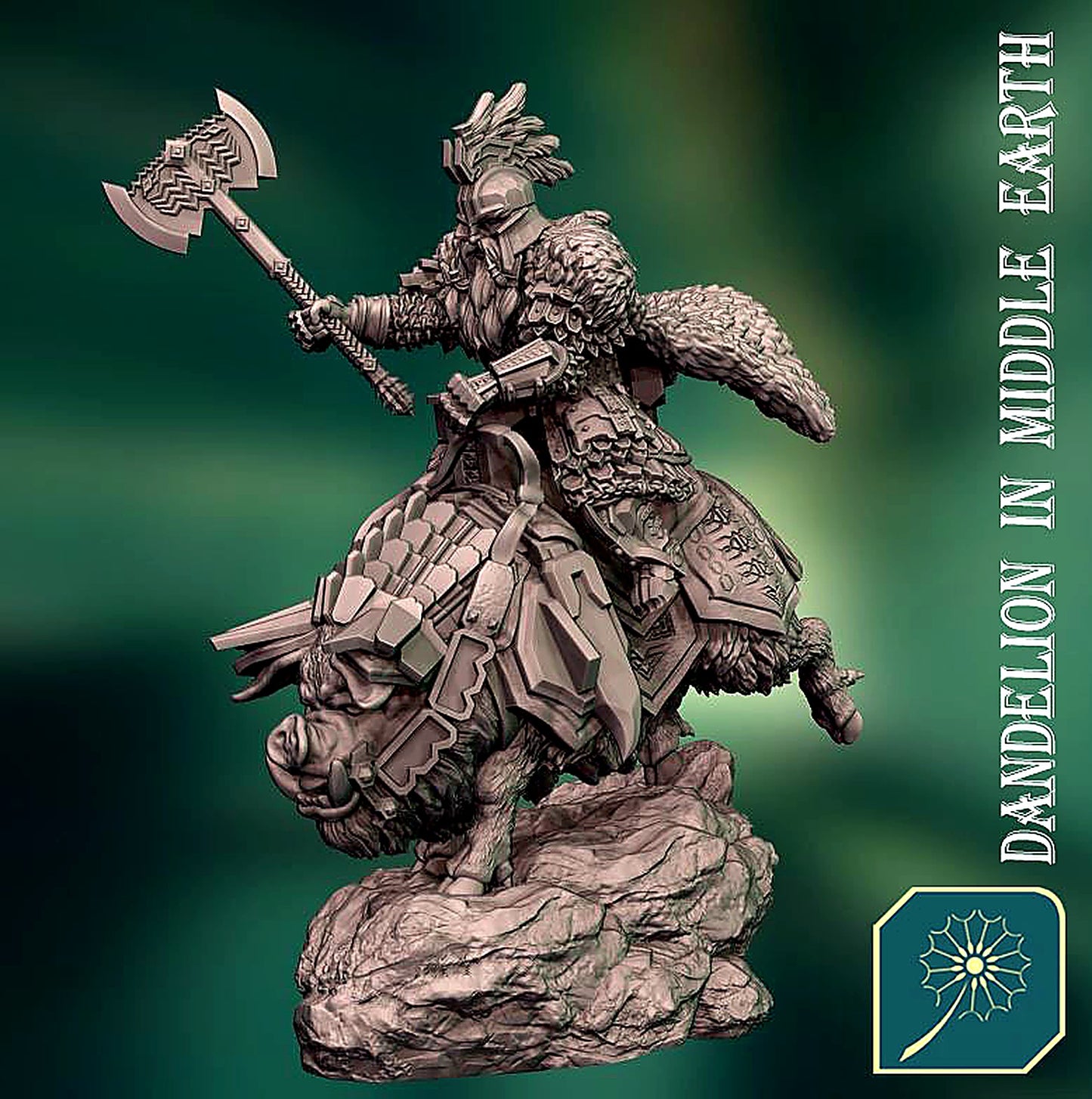 Miniatura Rey Enano sobre Jabalí de Guerra (Postura de Carga) Colinas de Hierro resina 32mm - Drakholm