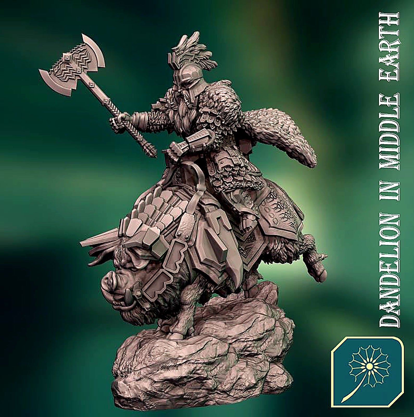 Miniatura Rey Enano sobre Jabalí de Guerra (Postura de Carga) Colinas de Hierro resina 32mm - Drakholm
