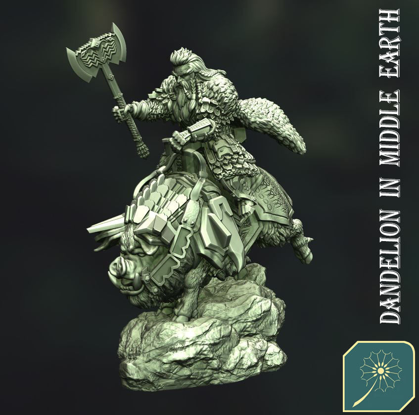 Miniatura Rey Enano sobre Jabalí de Guerra (Postura de Carga) Colinas de Hierro resina 32mm - Drakholm
