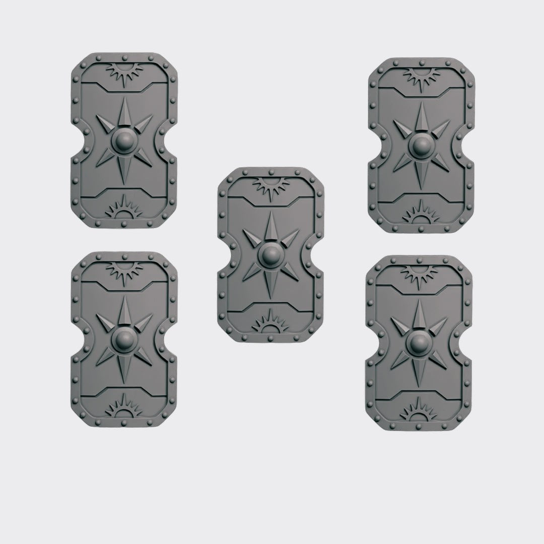 Escudos E — bits de conversión sci-fi grimdark de Greytide Studio, resina 32mm sin pintar