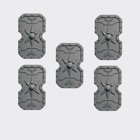 Escudos E — bits de conversión sci-fi grimdark de Greytide Studio, resina 32mm sin pintar