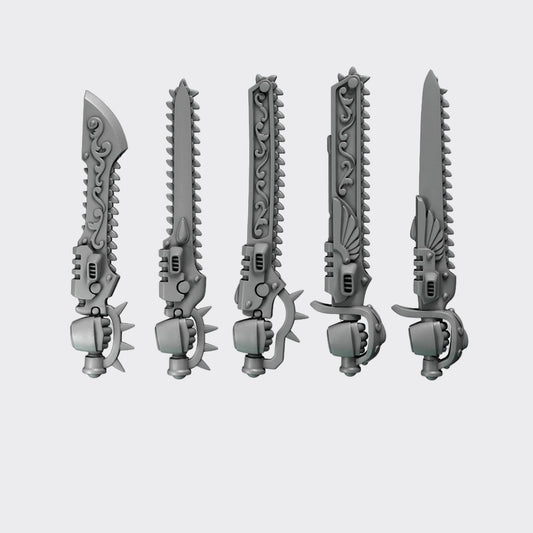 Espadas sierra Crimson Lords A — bits de conversión sci-fi grimdark de Greytide Studio, resina 32mm sin pintar