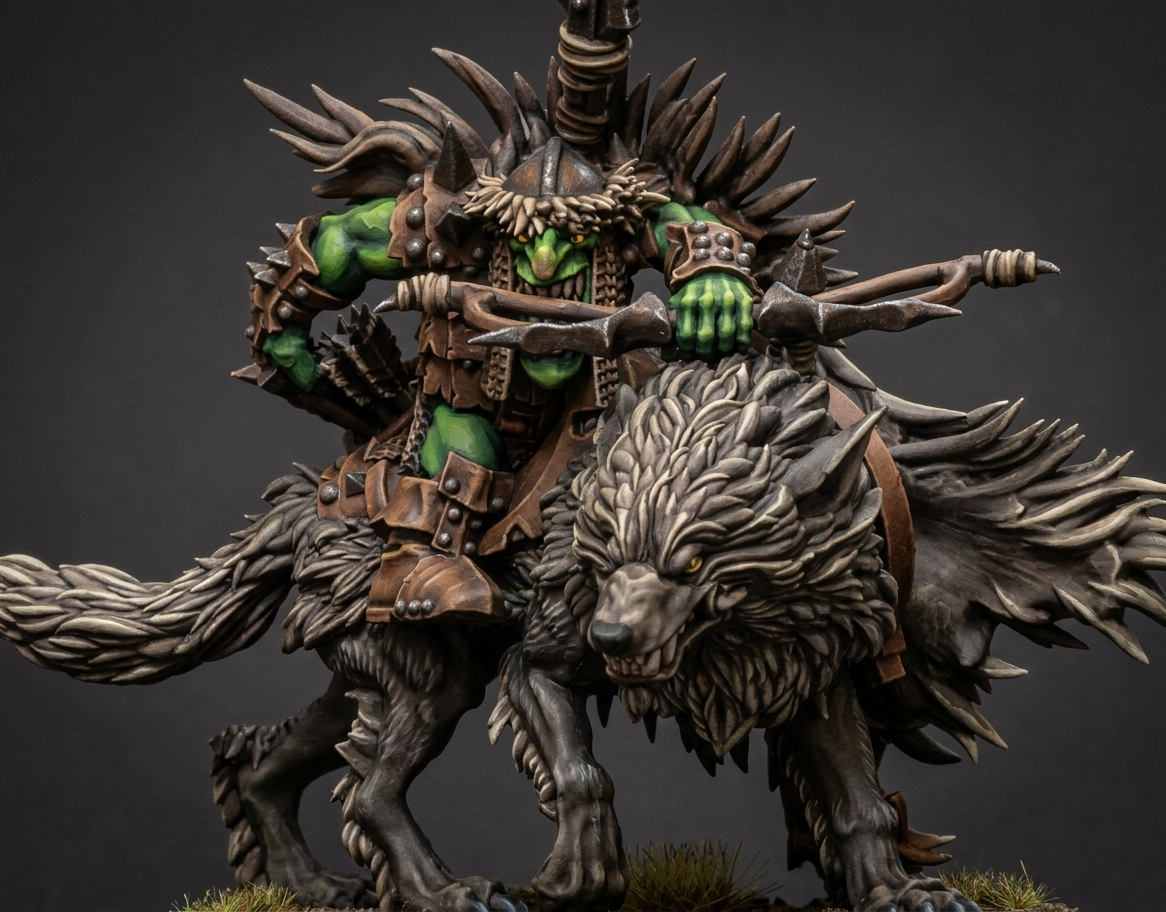 Cacique Goblin en Lobo Gigante con Arco · miniatura de resina 28 mm · Orcos y Goblins · Drakholm