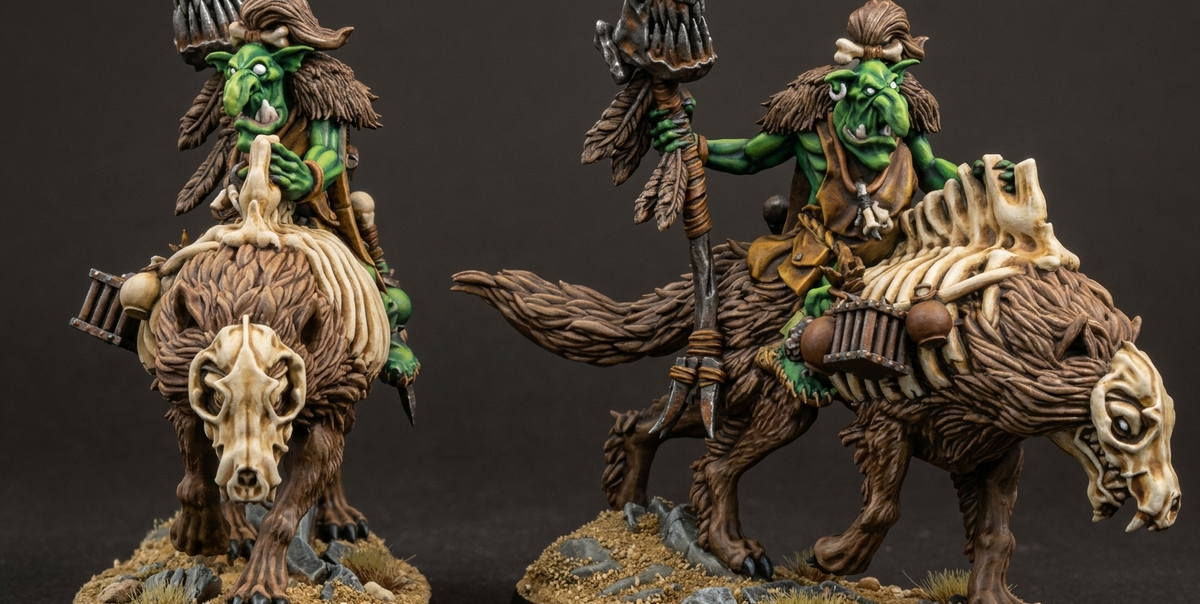 Chaman Goblin a Lomos de Lobo · miniatura de resina 28 mm · Orcos y Goblins · Drakholm