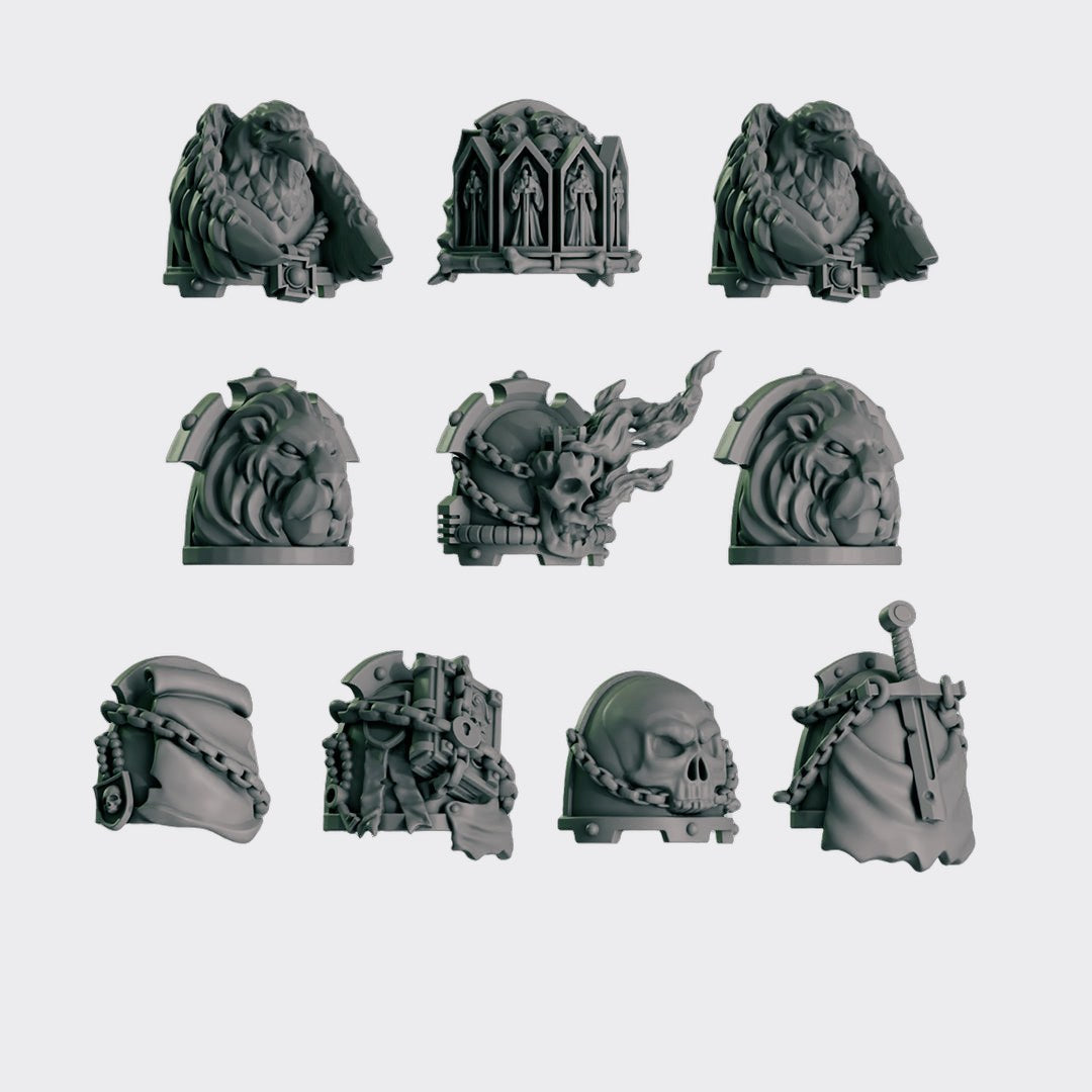 Hombreras Eternal Pilgrims A — bits de conversión sci-fi grimdark de Greytide Studio, resina 32mm sin pintar