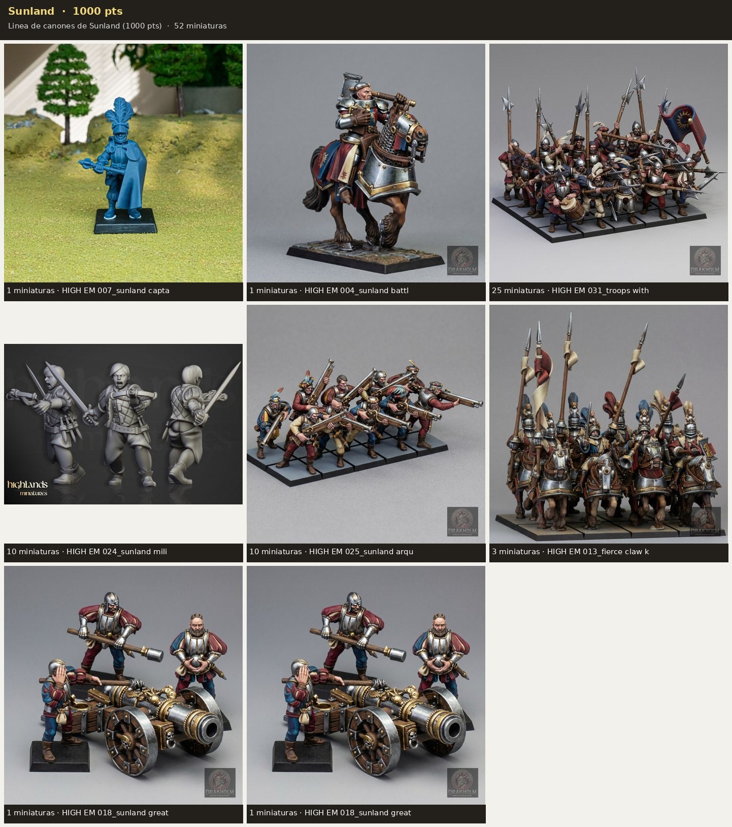 Ejército Sunland 1000 pts · 52 miniaturas resina fantasía 28mm · sin pintar