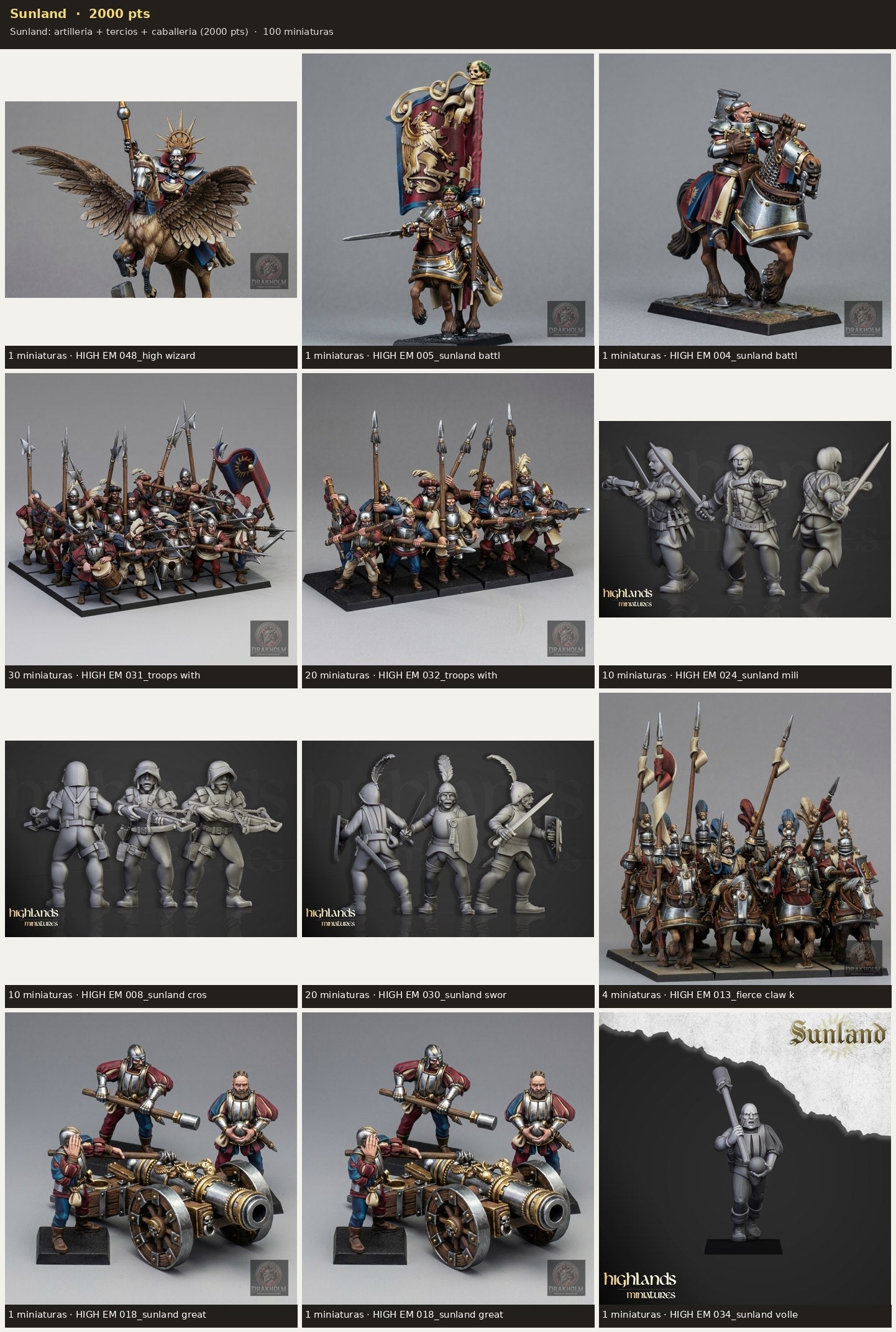 Ejército Sunland 2000 pts · 100 miniaturas resina fantasía 28mm · sin pintar