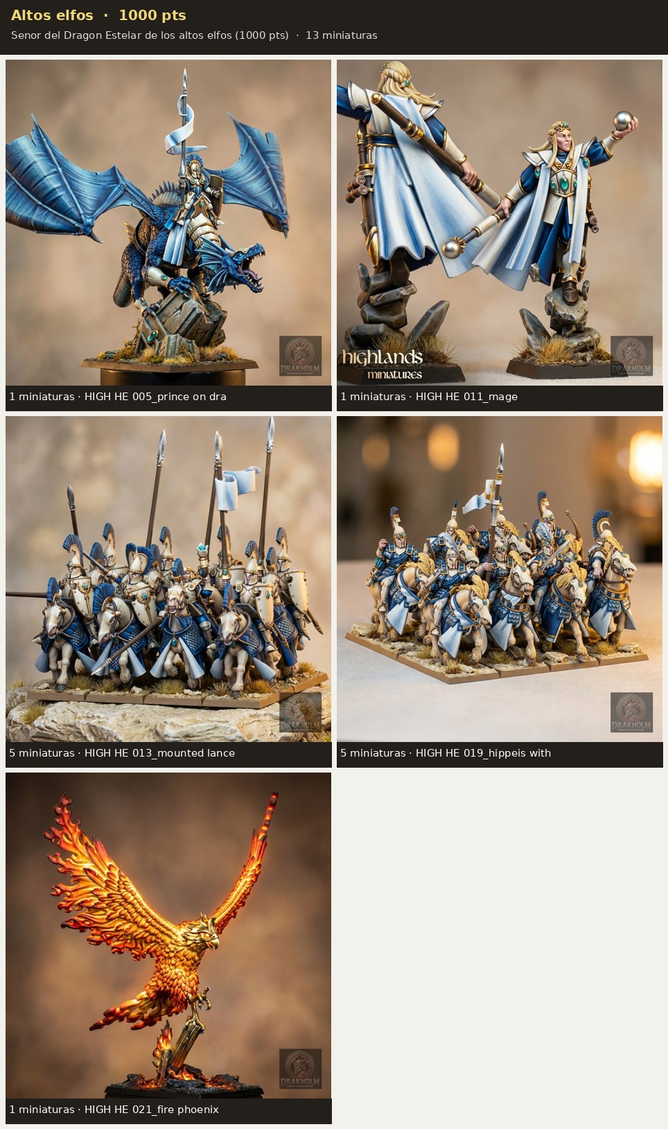 Ejército Altos elfos 1000 pts · 13 miniaturas resina fantasía 28mm · sin pintar