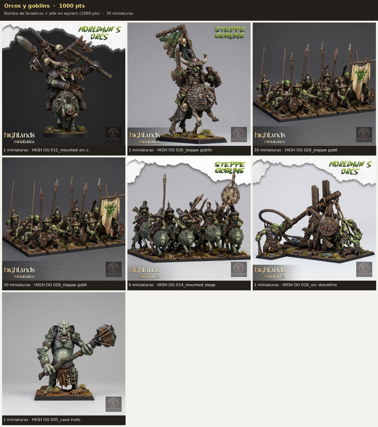 Ejército Orcos y goblins 1000 pts · 70 miniaturas resina fantasía 28mm · sin pintar