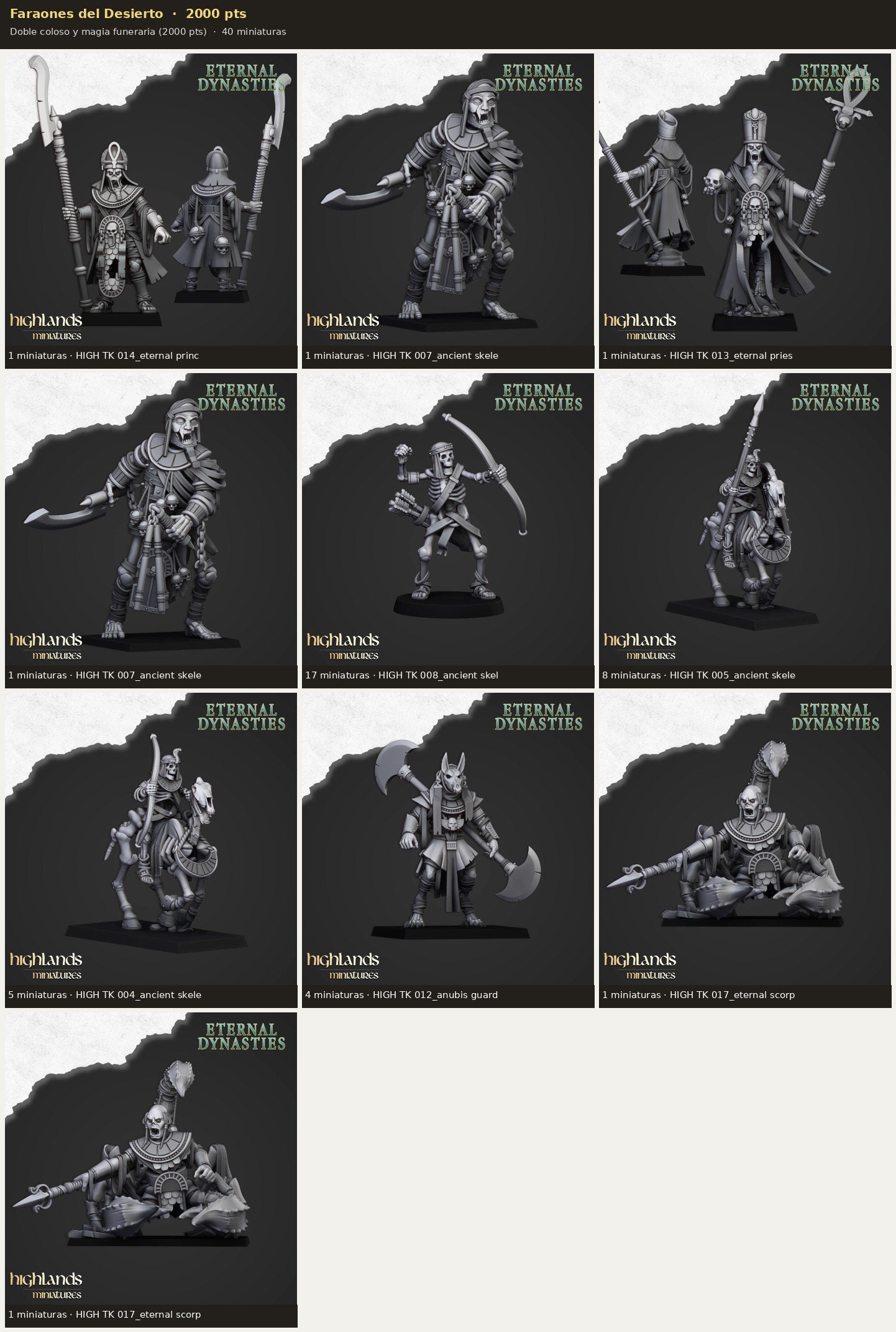 Ejército Faraones del Desierto 2000 pts · 40 miniaturas resina fantasía 28mm · sin pintar