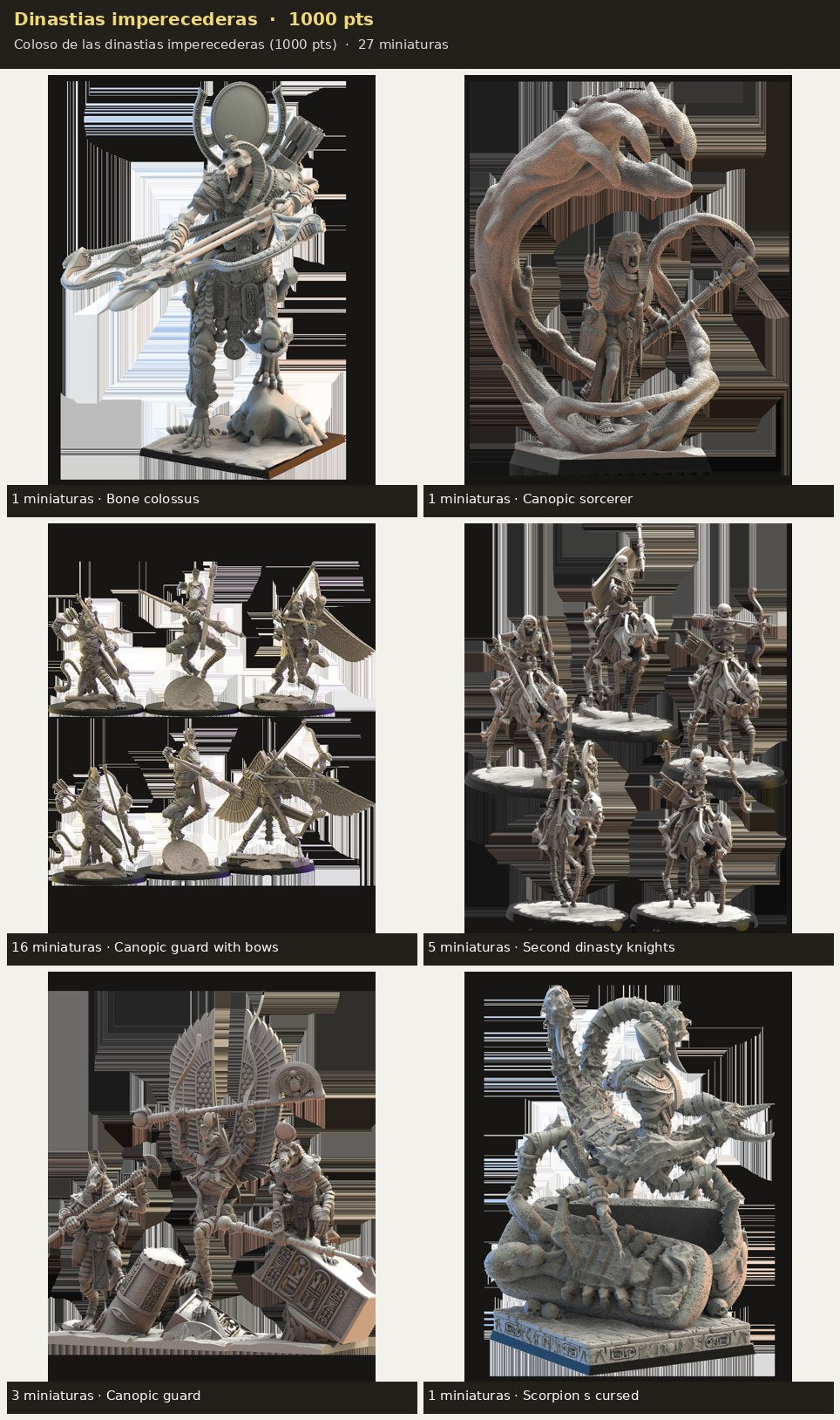 Ejército Dinastias imperecederas 1000 pts · 27 miniaturas resina fantasía 28mm · sin pintar