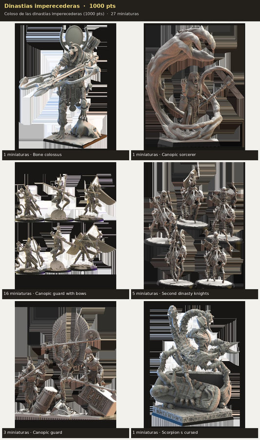 Ejército Dinastias imperecederas 1000 pts · 27 miniaturas resina fantasía 28mm · sin pintar