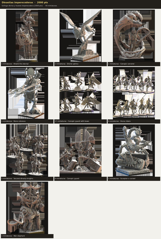 Ejército Dinastias imperecederas 2000 pts · 40 miniaturas resina fantasía 28mm · sin pintar