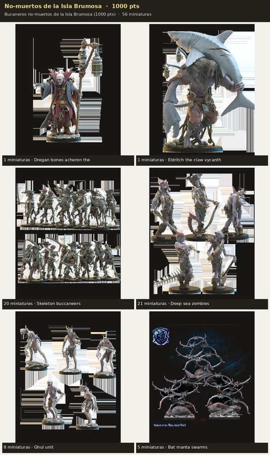 Ejército No-muertos de la Isla Brumosa 1000 pts · 56 miniaturas resina fantasía 28mm · sin pintar