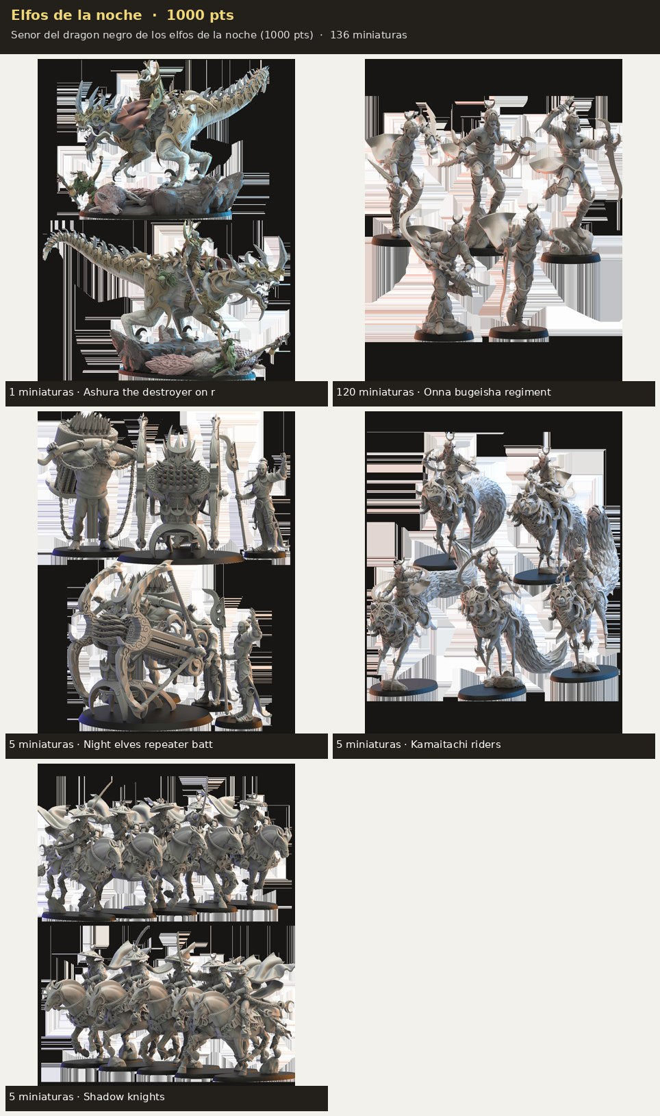Ejército Elfos de la noche 1000 pts · 136 miniaturas resina fantasía 28mm · sin pintar