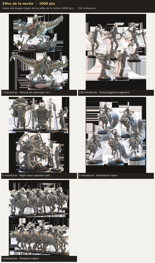 Ejército Elfos de la noche 1000 pts · 136 miniaturas resina fantasía 28mm · sin pintar