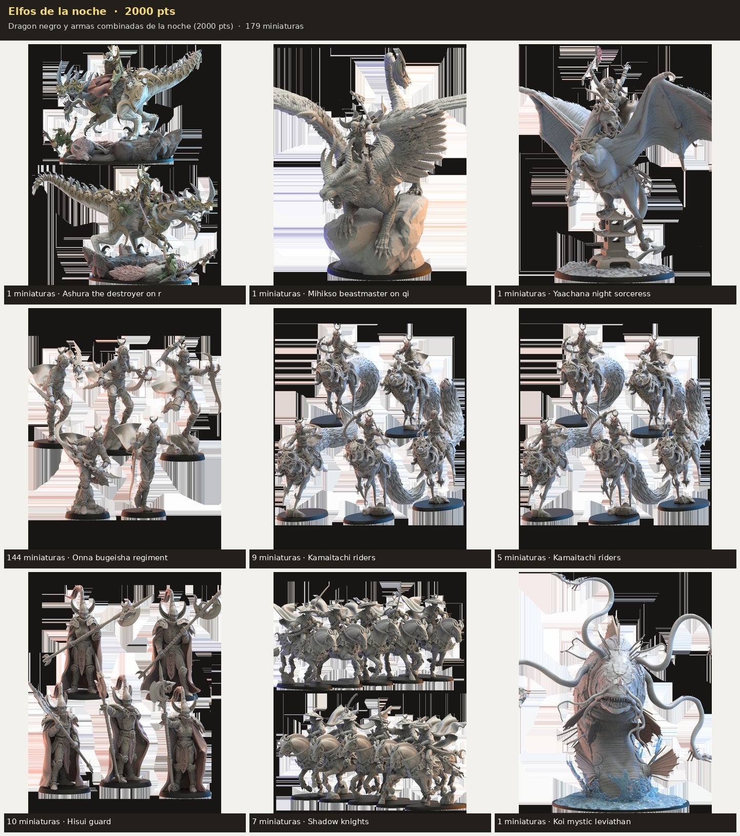 Ejército Elfos de la noche 2000 pts · 179 miniaturas resina fantasía 28mm · sin pintar