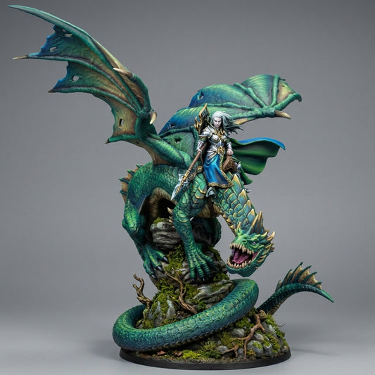 Miniatura Ynariel princesa de los elfos sobre dragón Altos Elfos resina 32mm sin pintar - Drakholm