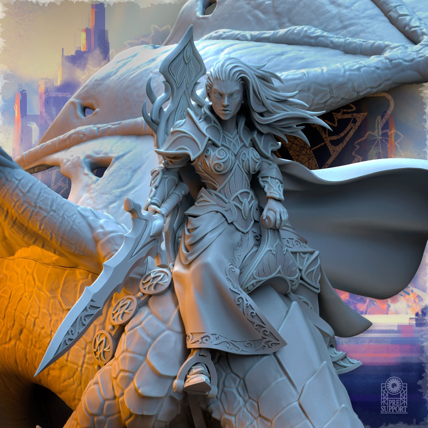 Miniatura Ynariel princesa de los elfos sobre dragón Altos Elfos resina 32mm sin pintar - Drakholm